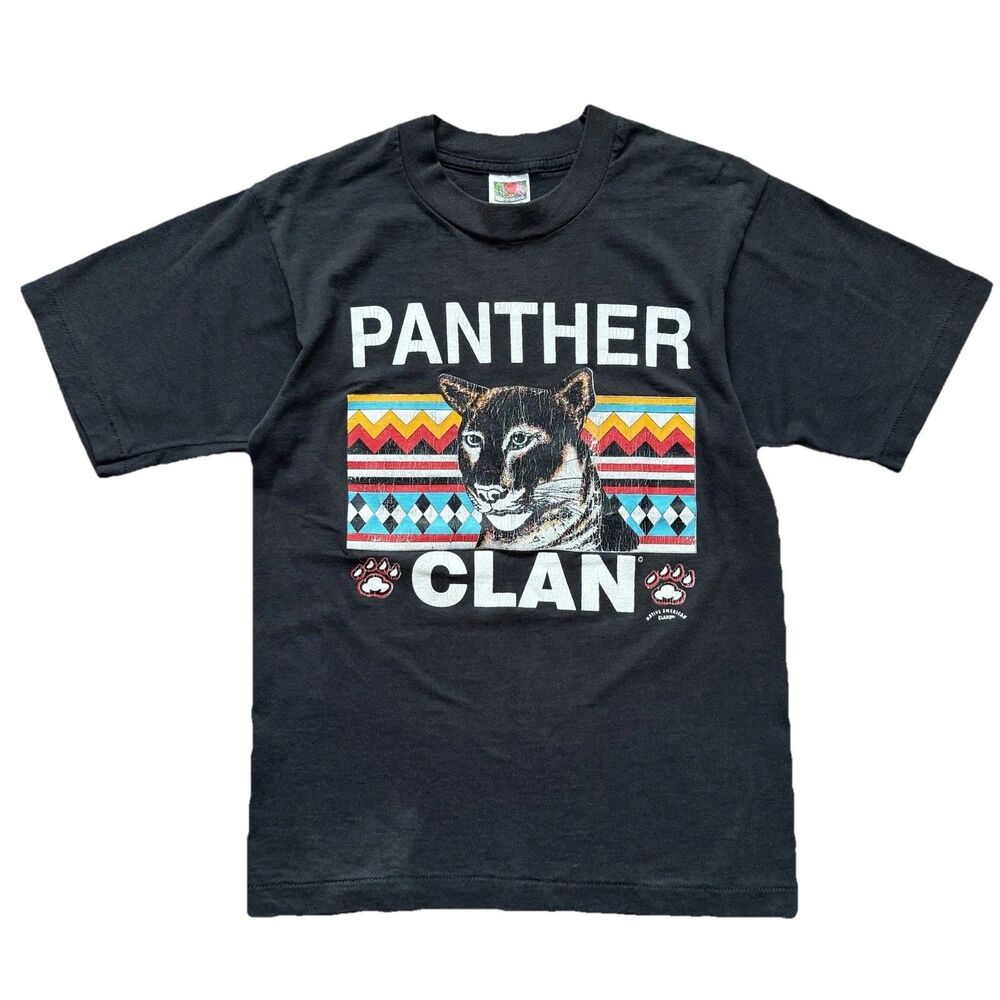 Vintage 90s Panther Clan Native American Single Stitch T-Shirt Black Size S
